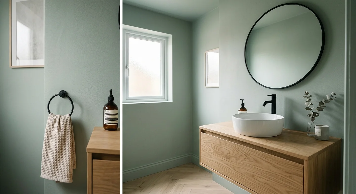 A small bathroom painted in matching sage green walls and ceiling, featuring a light wood vanity and round mirror.