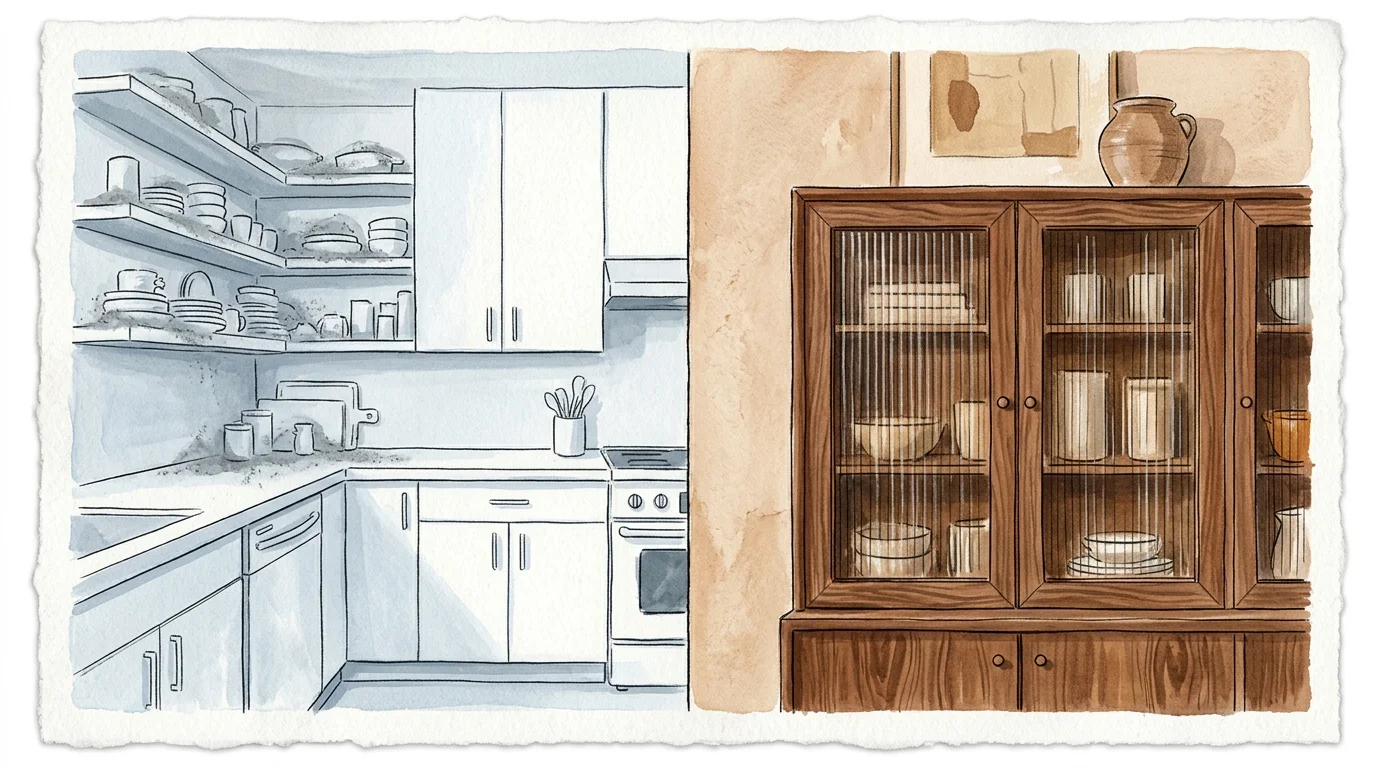 A split illustration comparing a cold, dusty open-shelved white kitchen on the left to a warm walnut kitchen with fluted glass on the right.