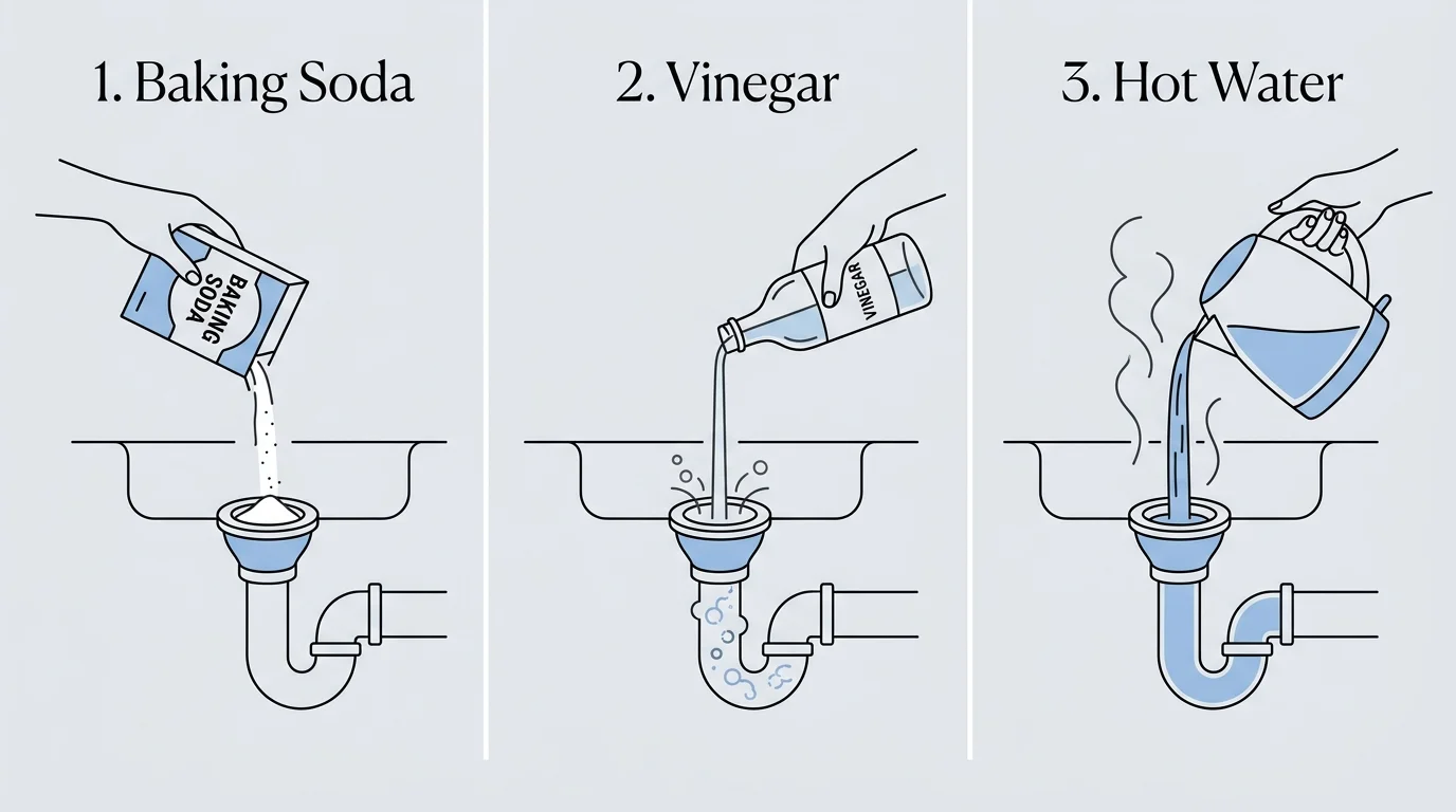 A three-step diagram showing the process of cleaning a drain with baking soda, vinegar, and hot water.