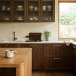 A warm kitchen corner with rich walnut cabinetry, ribbed glass upper cabinet doors, and a white oak island bathed in soft morning light.