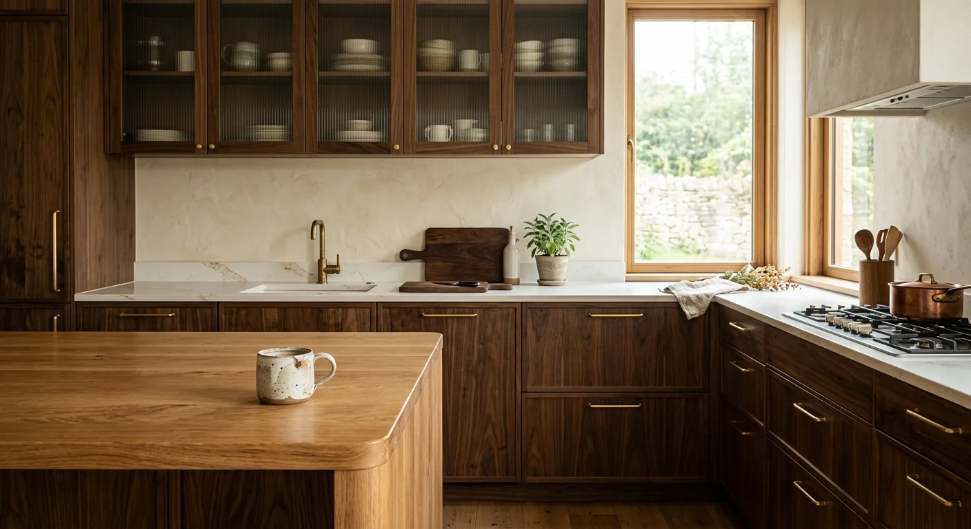 A warm kitchen corner with rich walnut cabinetry, ribbed glass upper cabinet doors, and a white oak island bathed in soft morning light.