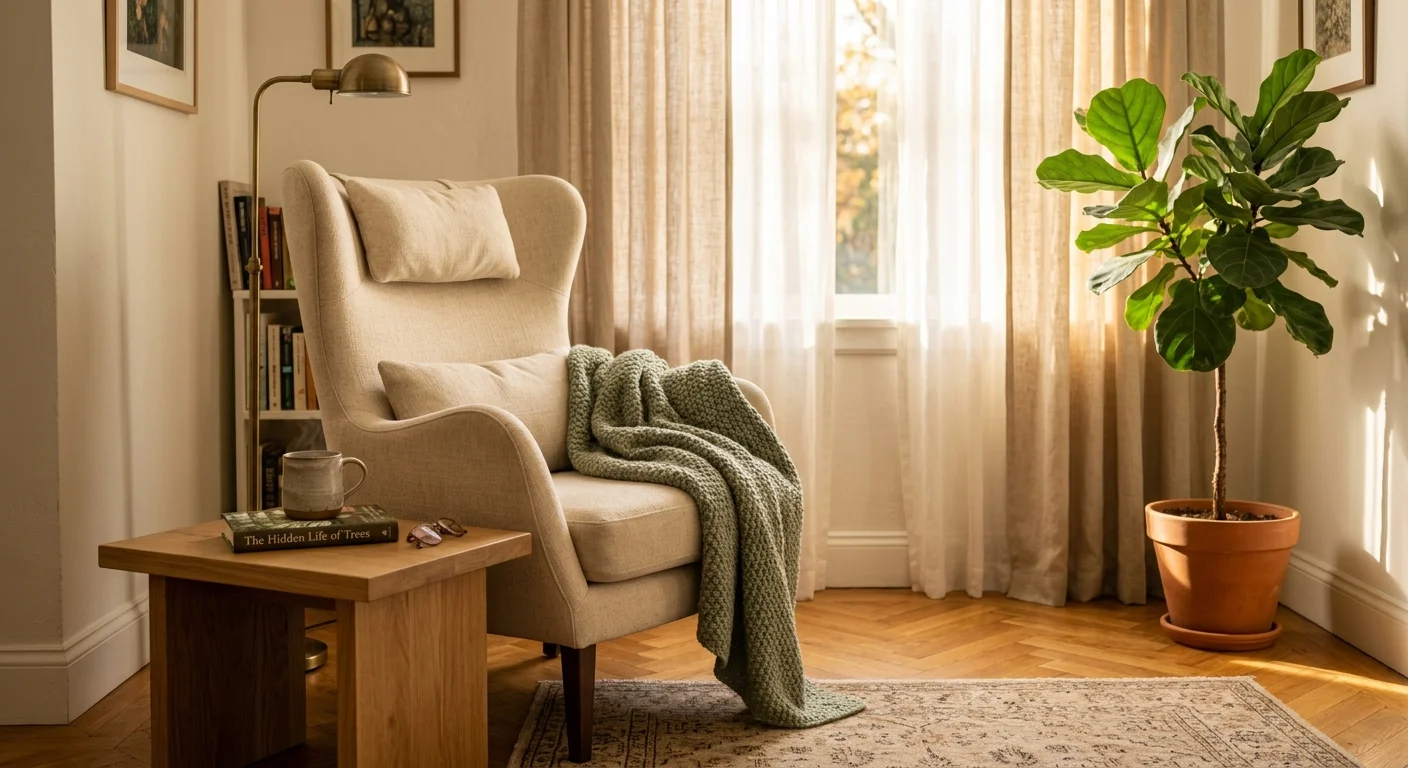 A warm, sunlit living room corner featuring a cream linen armchair with a green wool throw blanket next to a wooden side table.