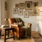 A warmly lit living room featuring mismatched vintage furniture, a cognac leather chair, and warm plaster walls.
