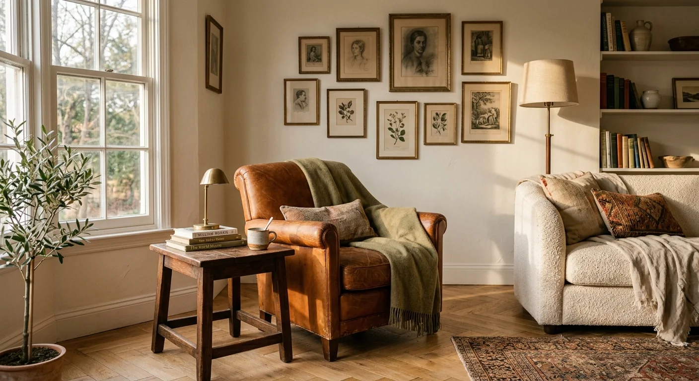 A warmly lit living room featuring mismatched vintage furniture, a cognac leather chair, and warm plaster walls.
