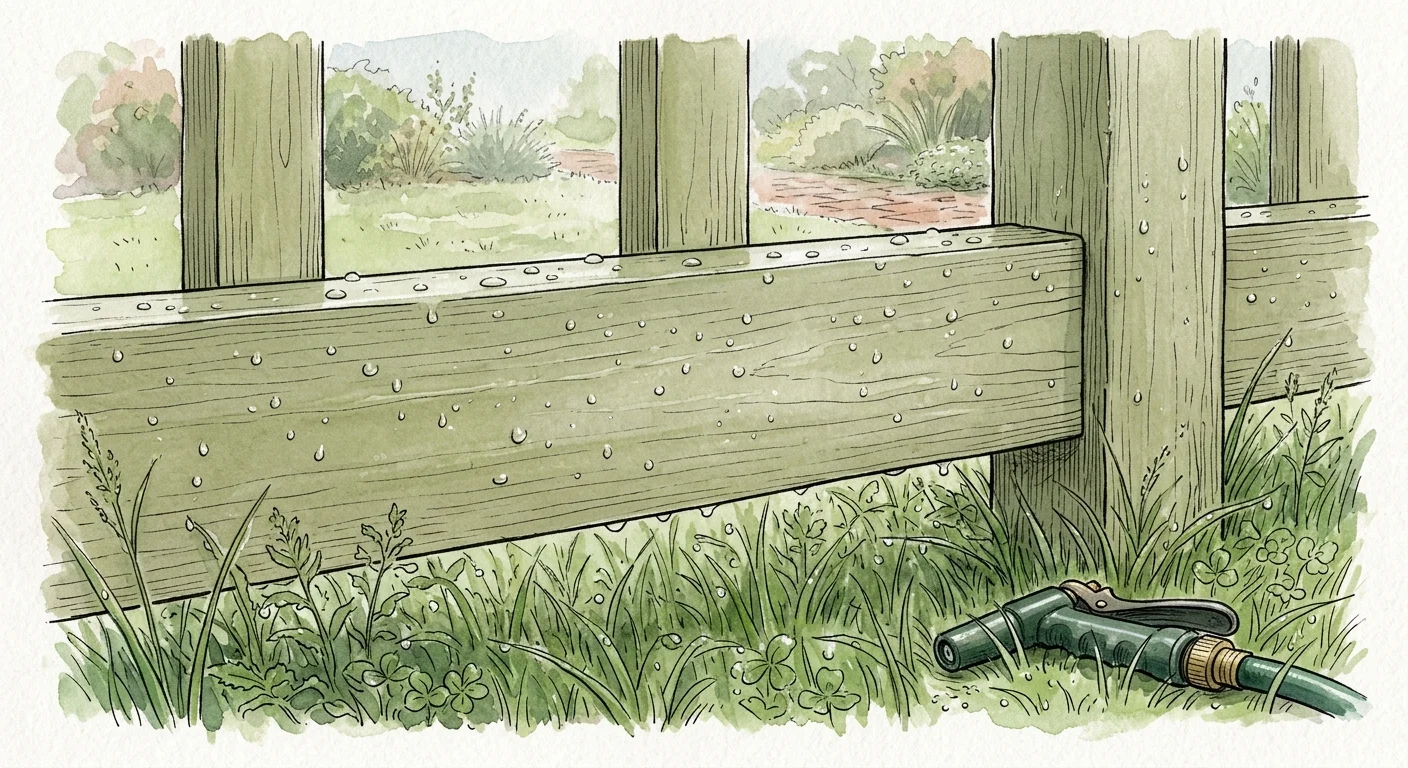 A watercolor illustration of a clean olive-green fence with water droplets beading on its surface, next to fresh green grass.
