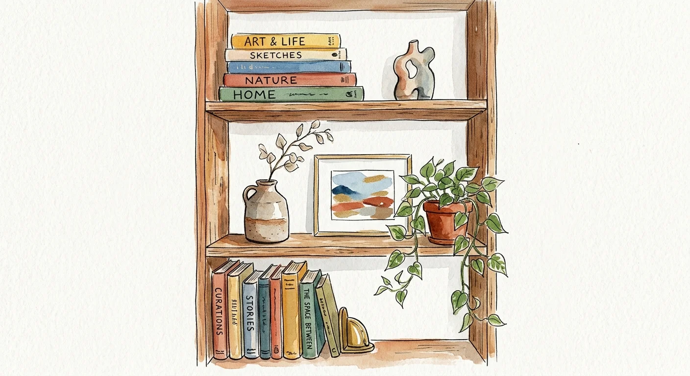 A watercolor illustration of a wooden bookshelf styled with books, a small trailing plant, and a vintage stoneware vase.