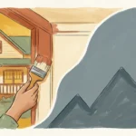 An editorial gouache illustration showing a warm home being painted on one side, and a moving truck struggling up a steep graph line on the
