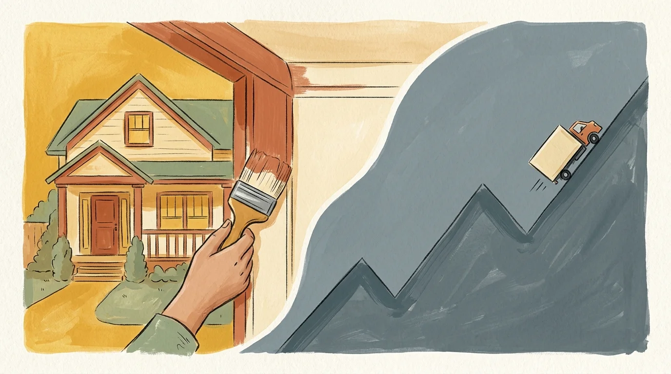 An editorial gouache illustration showing a warm home being painted on one side, and a moving truck struggling up a steep graph line on the