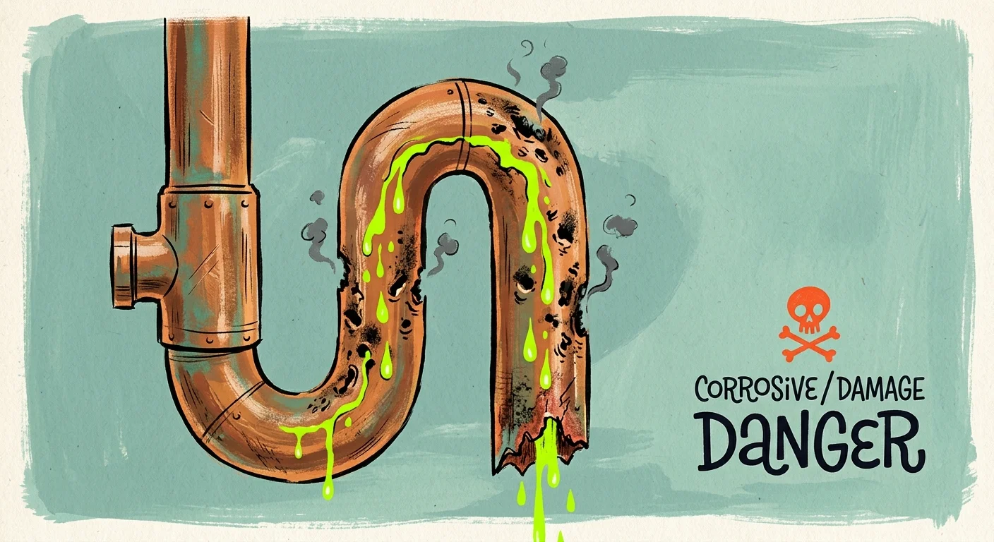 An illustration of a copper pipe showing interior corrosion and smoke from harsh chemical cleaner droplets.