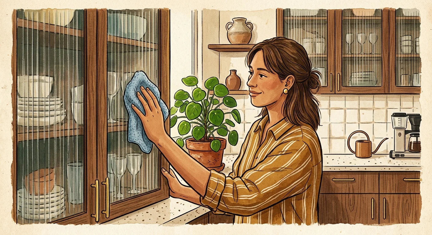 An illustration of a person gently wiping down a fluted glass cabinet door next to warm wood cabinetry and a potted plant.