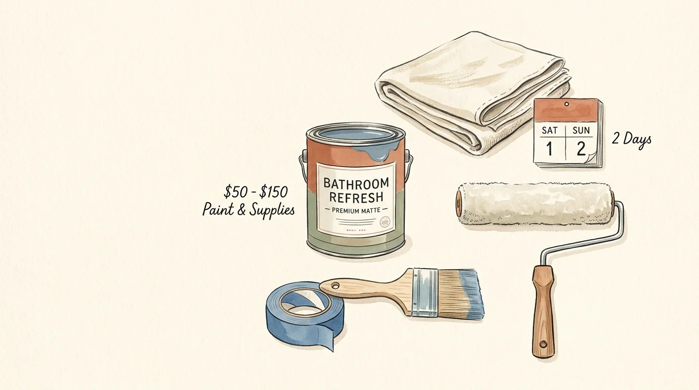 An illustration of paint supplies and tools with hand-lettered labels reading $50-$150 Paint & Supplies and 2 Days.