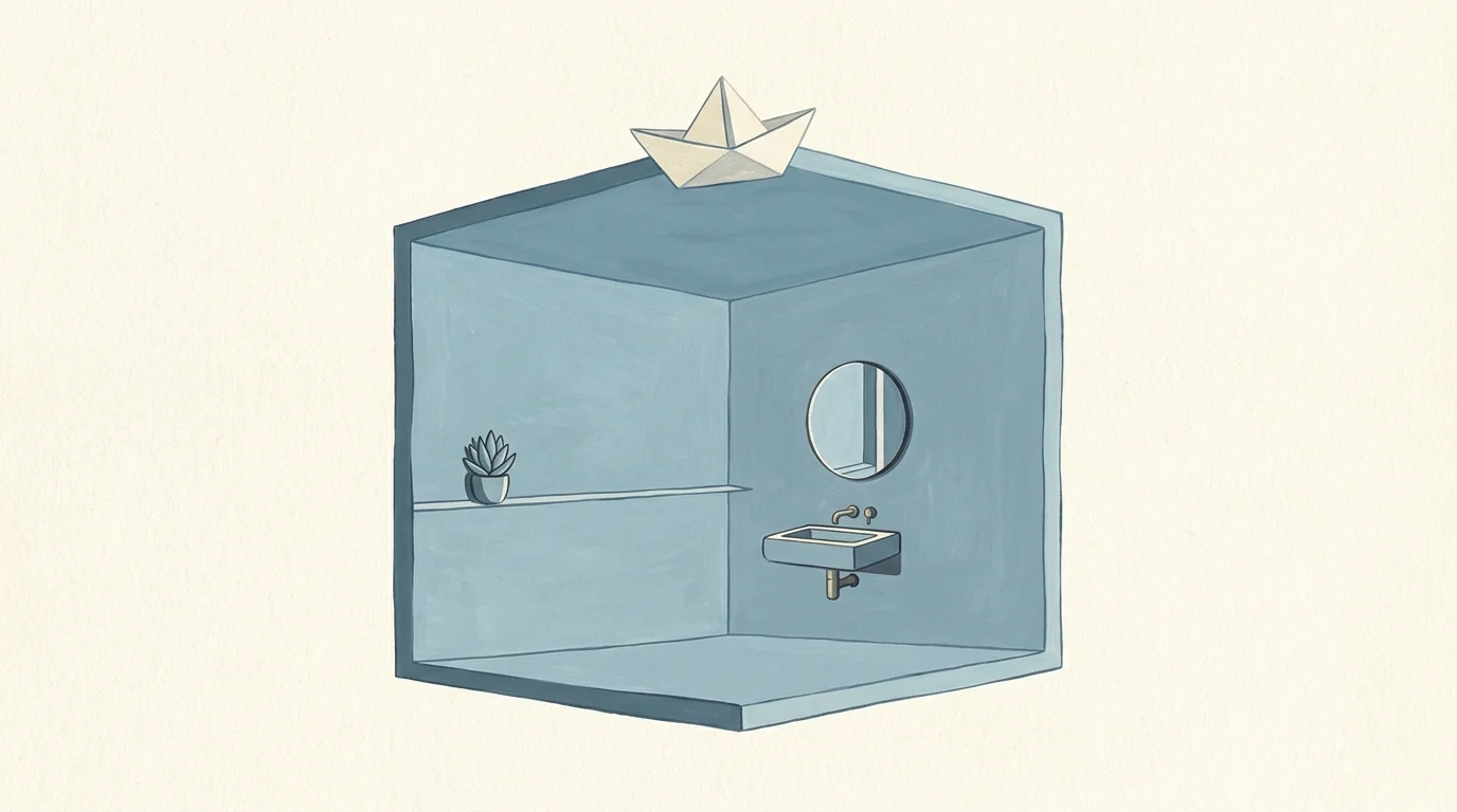 An illustration showing a small bathroom painted entirely in dusty blue, creating an illusion of seamless, continuous space.