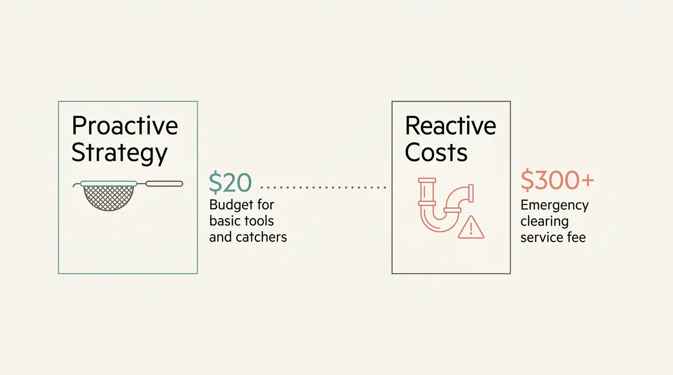 An infographic comparing the $20 cost of proactive drain care to the $300-plus cost of emergency plumbing repairs.