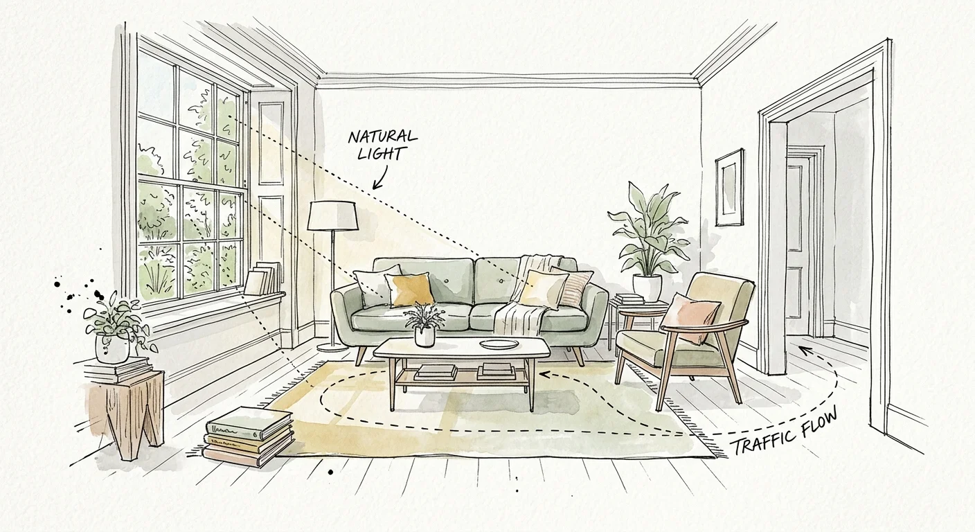 An ink and watercolor illustration of a room layout sketch with dotted lines representing natural light and traffic flow.