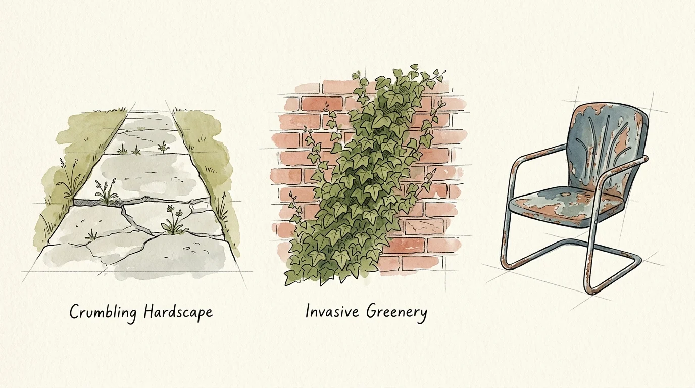 An ink and watercolor illustration of cracked concrete, invasive ivy on a brick wall, and a rusty metal patio chair.