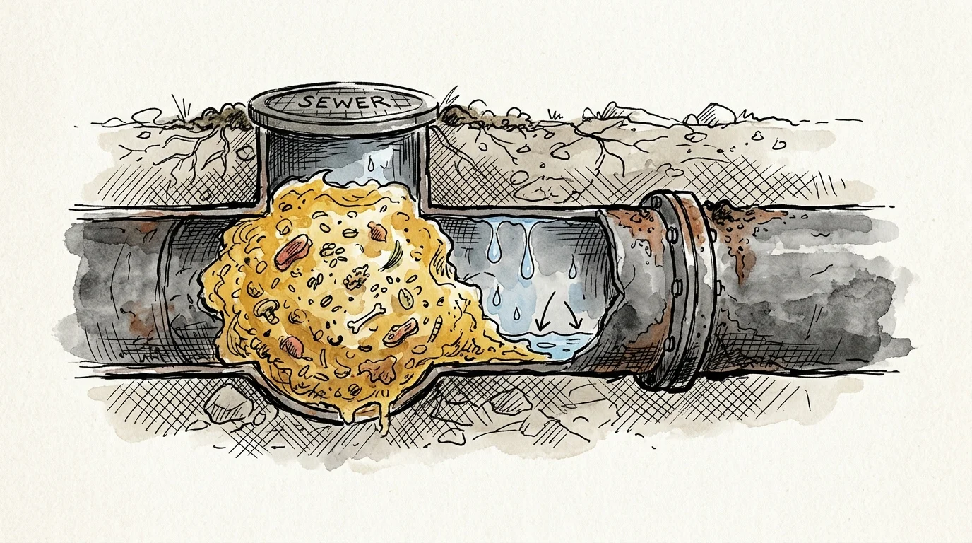 An ink and watercolor illustration showing a cross-section of a pipe blocked by a thick, golden mass of congealed grease.