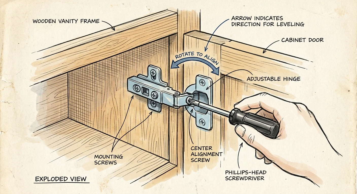 An ink and watercolor sketch of a hand adjusting a metal cabinet hinge screw with a screwdriver.