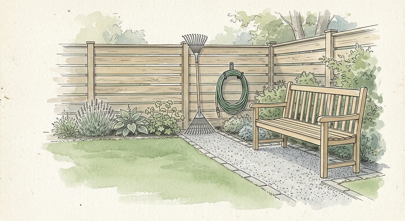 An ink and watercolor sketch of a tidy, clutter-free garden corner with a wooden bench, gravel path, and neatly stored garden rake.
