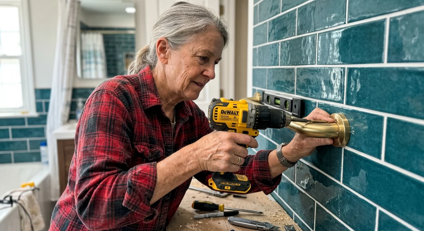 Close-up of a senior homeowner using a drill to install a modern brass safety grab bar on a teal tiled bathroom wall.
