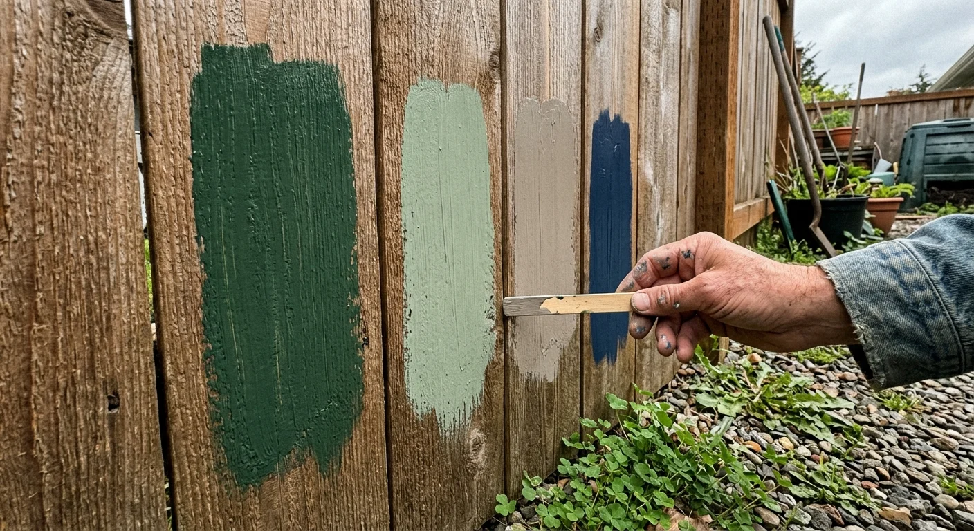 Close-up of a weathered wood fence with vertical paint swatches of forest green, sage, greige, and navy blue during a DIY project.
