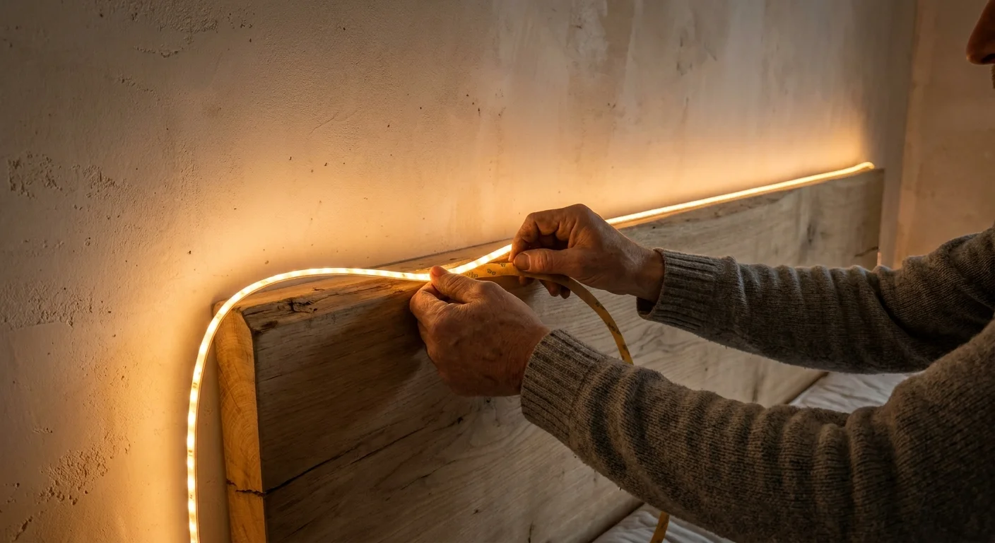 Close-up of hands installing an adhesive LED strip light to the back of a wooden headboard, casting a warm amber glow onto the wall.