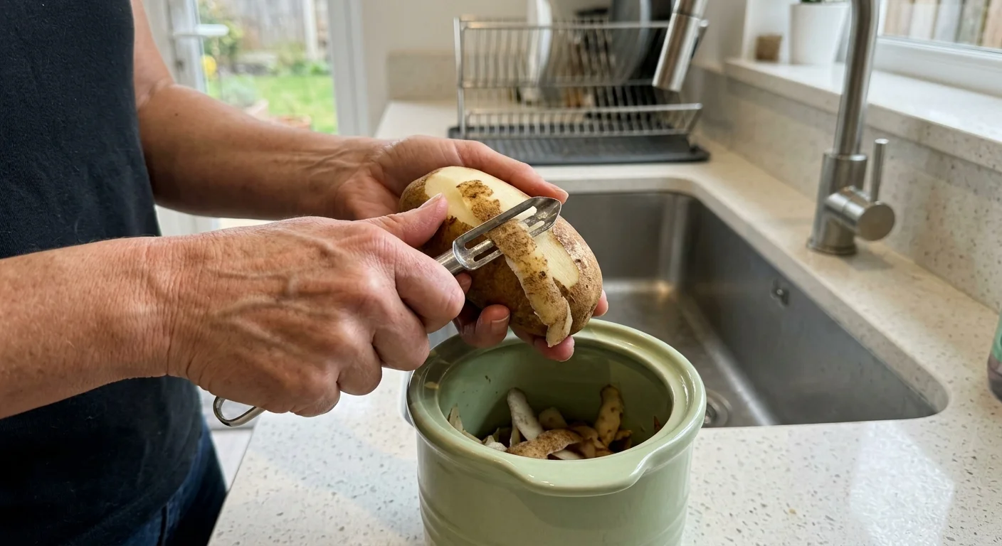 Hands peeling potatoes directly into a green countertop compost bin next to a clean kitchen sink.