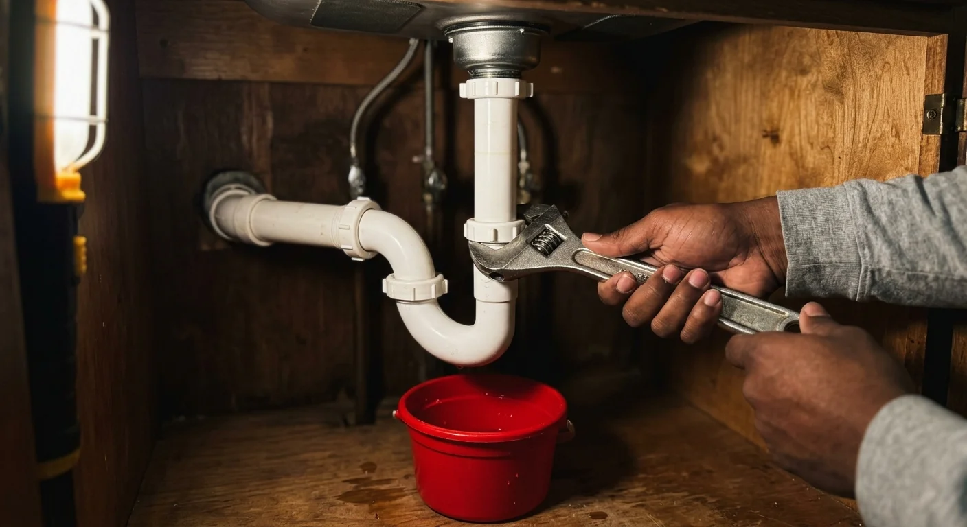 Hands tightening a white plastic P-trap pipe with a wrench inside a wooden vanity cabinet.