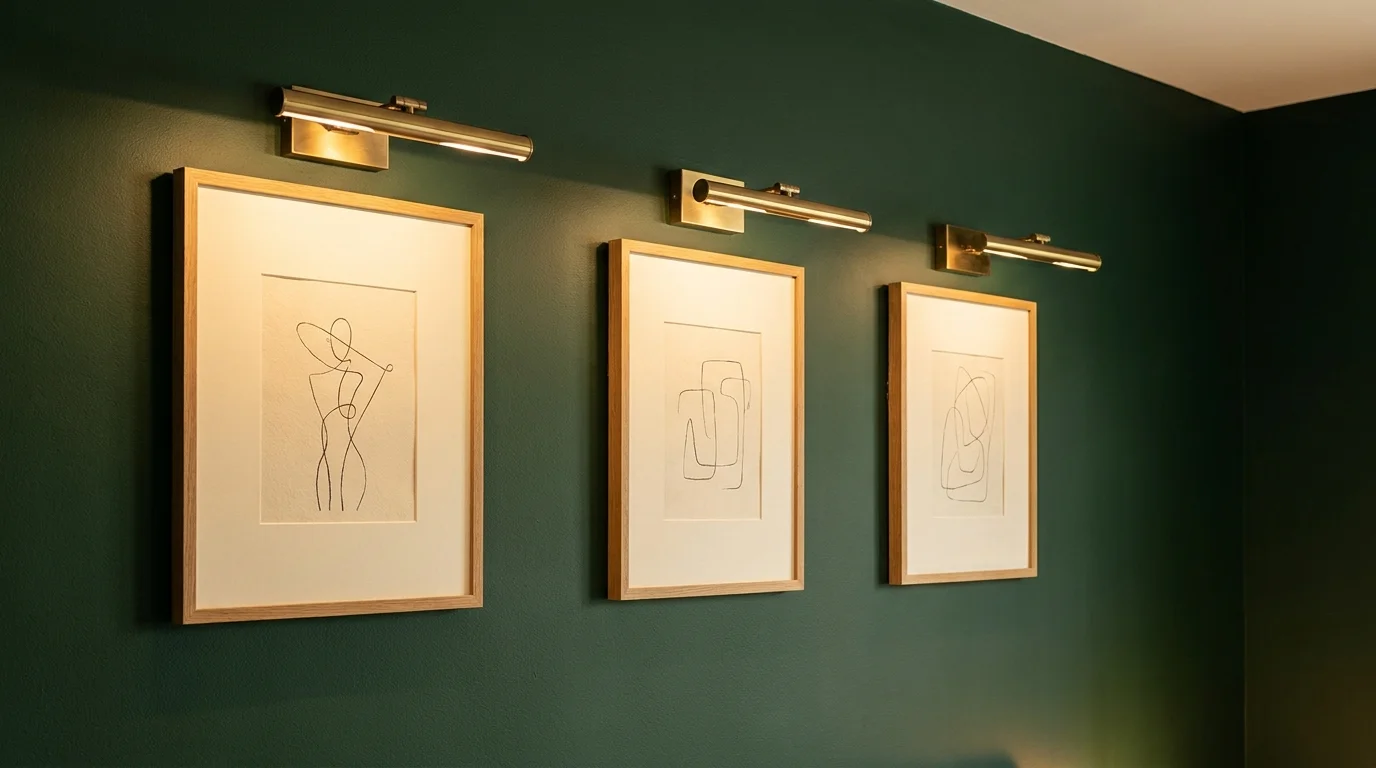 Three framed art prints illuminated by sleek brass gallery lights mounted above each frame on a dark forest green bedroom wall.