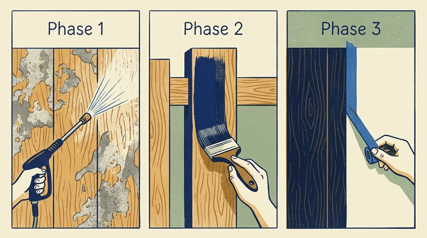 Three-panel illustration showing the steps of pressure washing wood, brushing on navy paint, and peeling painter tape at a 45-degree angle.
