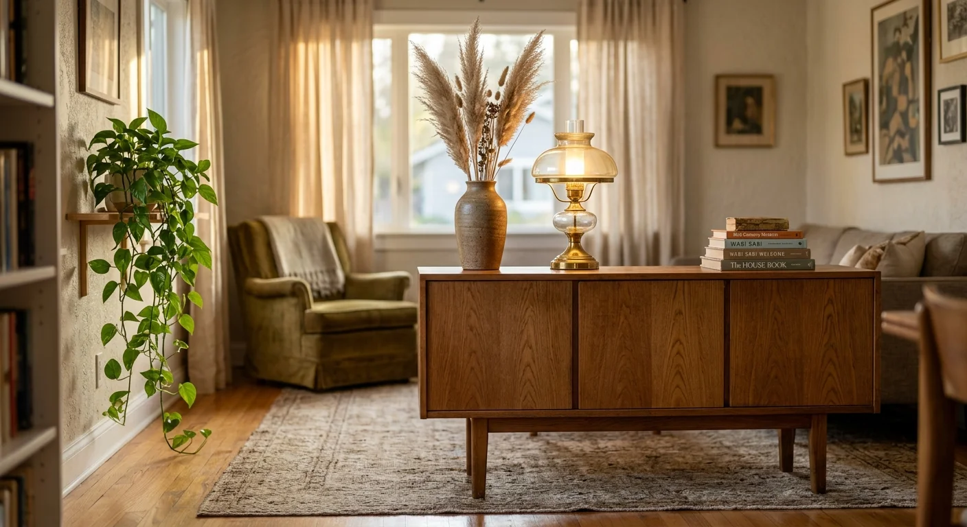 A beautifully restored mid-century modern oak sideboard styled with a brass lamp and ceramic vase in a warm, cozy living room.