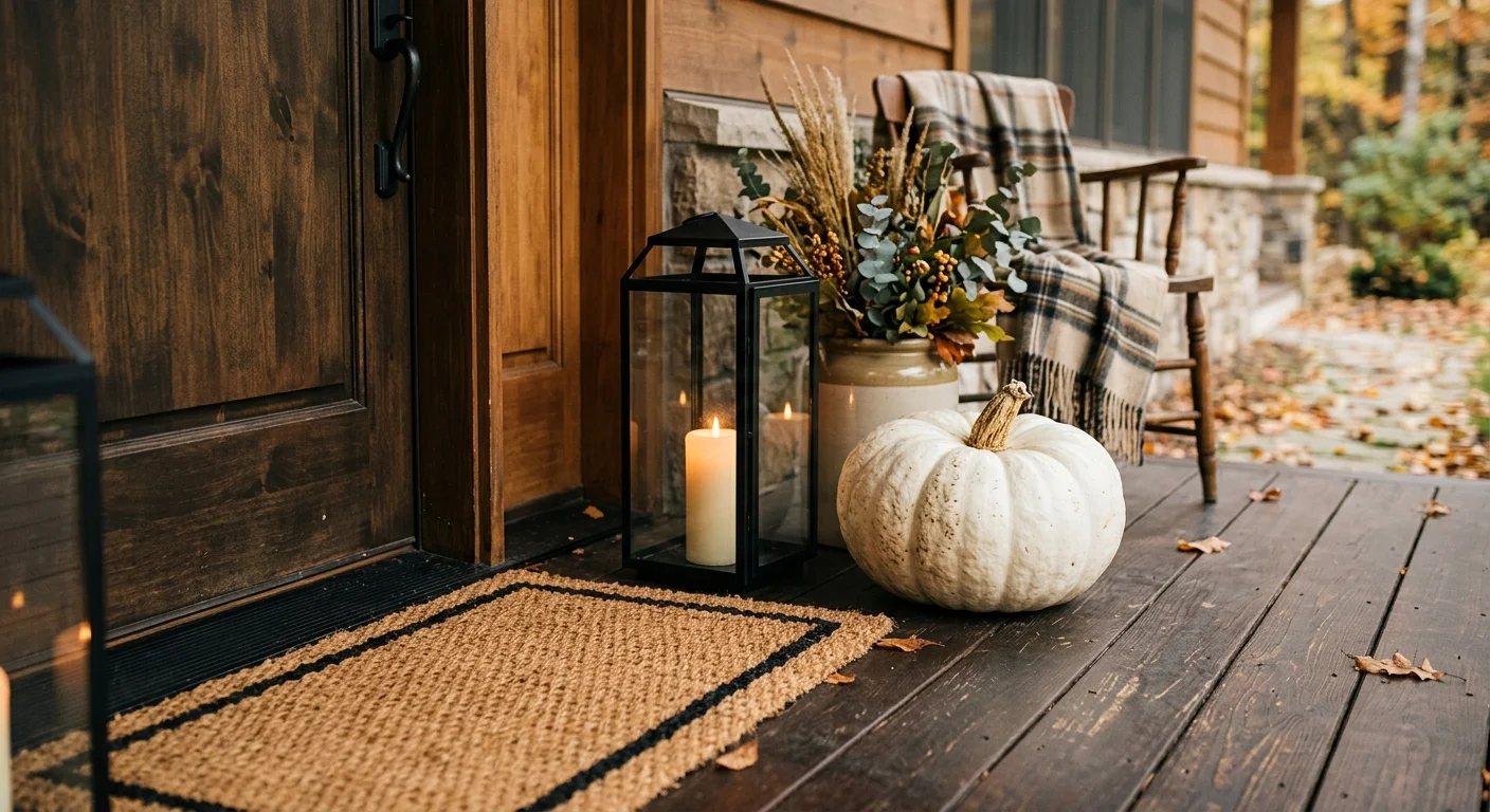 A beautifully styled front porch corner with a coir welcome mat, a black metal candle lantern, and a white heirloom pumpkin.