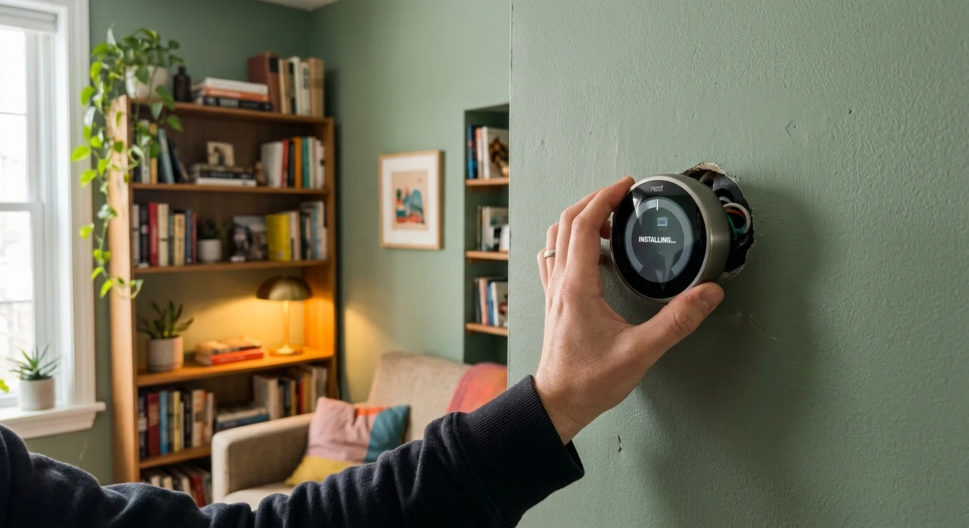 A candid snapshot of a homeowner installing a modern circular smart thermostat on a sage green wall.