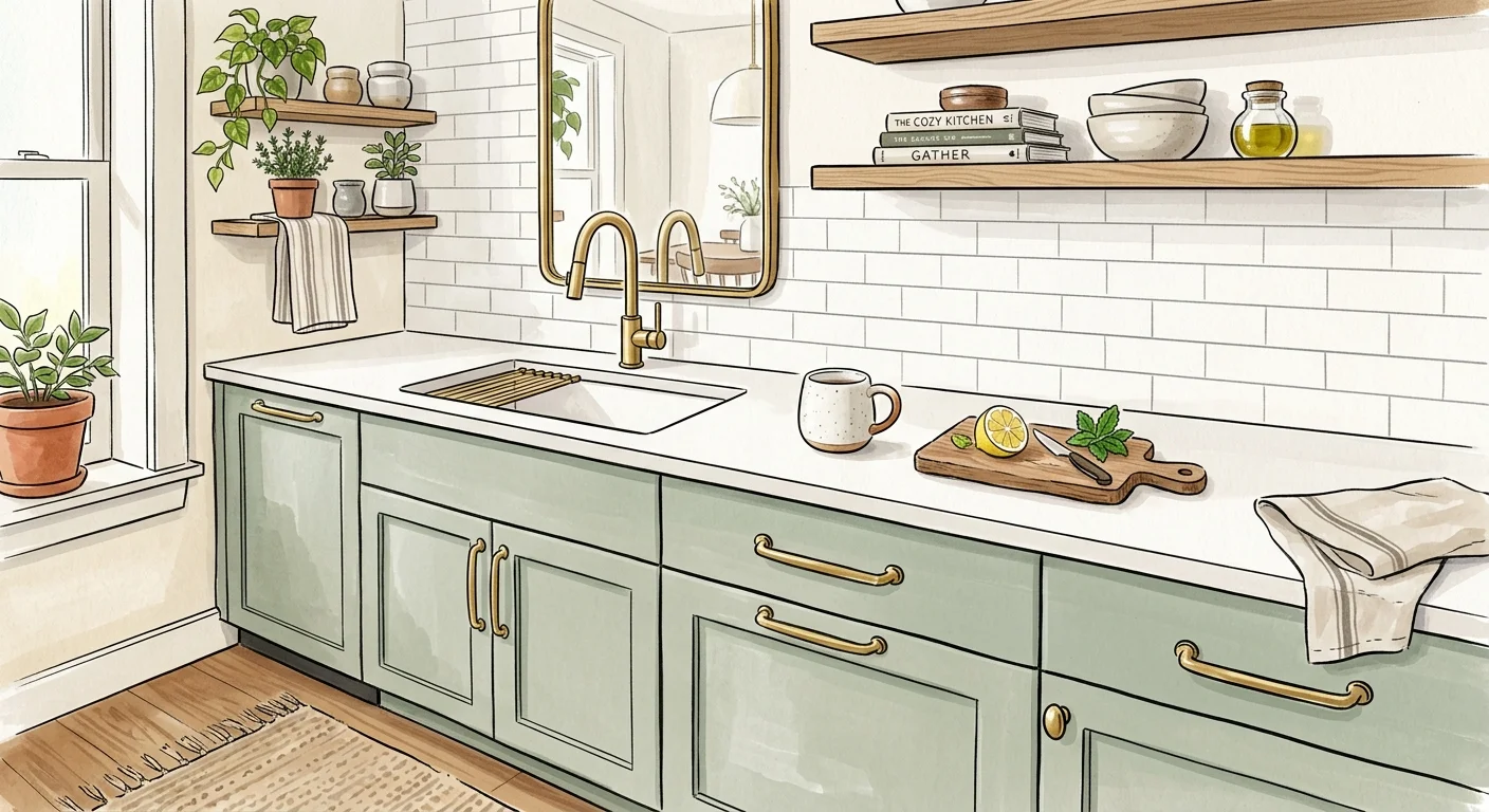 A charming gouache illustration of a kitchen corner with sage green cabinets, brass fixtures, and white subway tile.