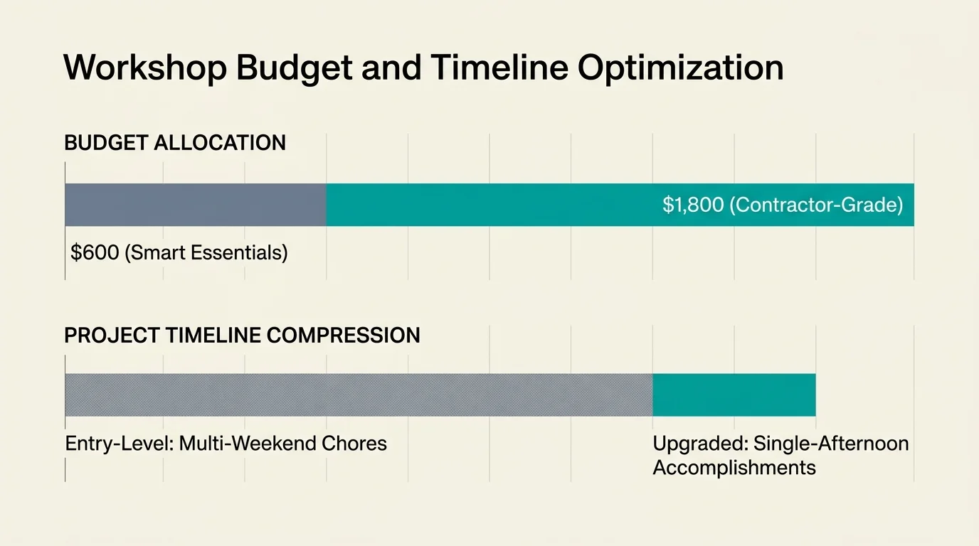 A clean diagram comparing workshop budget levels from $600 to $1,800 alongside a timeline compression visual.