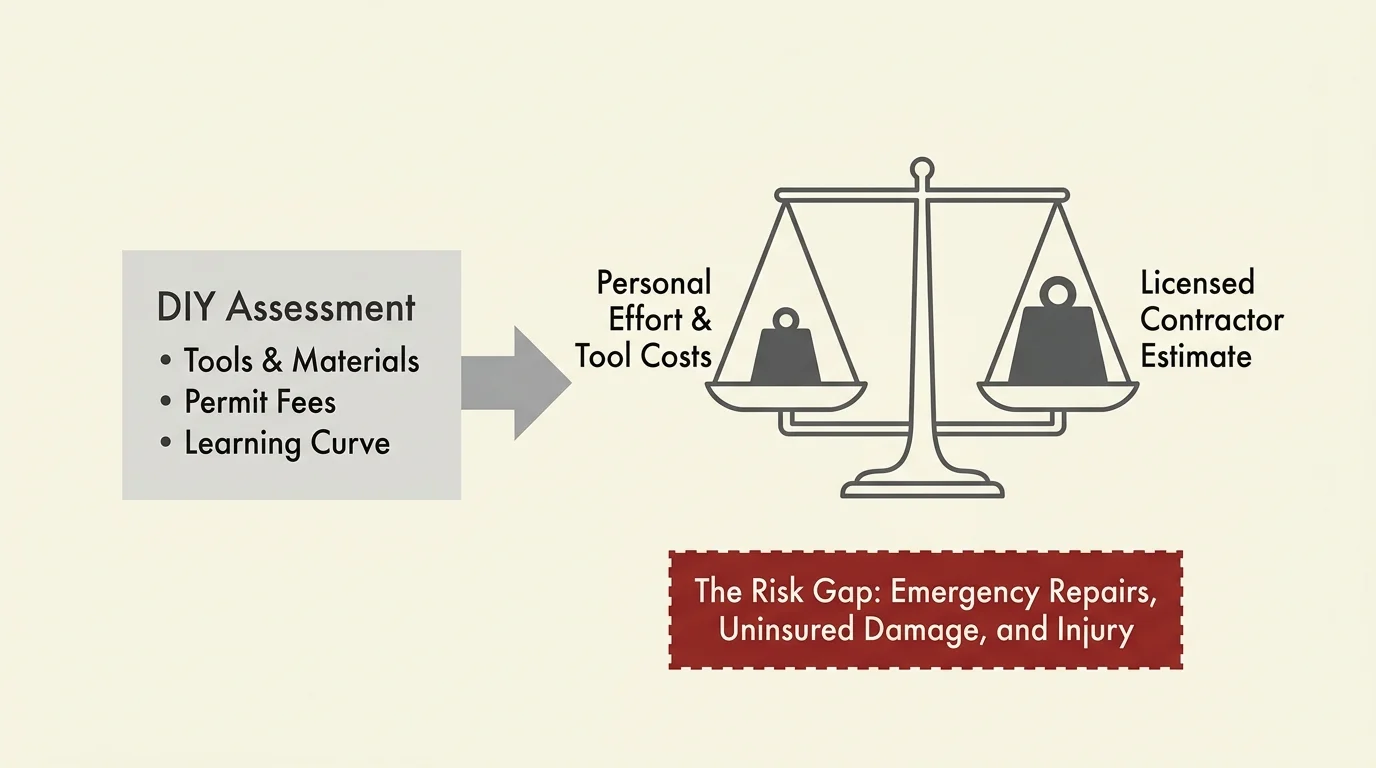 A clean editorial diagram displaying a balance scale weighing DIY effort against professional contractor costs and risk factors.
