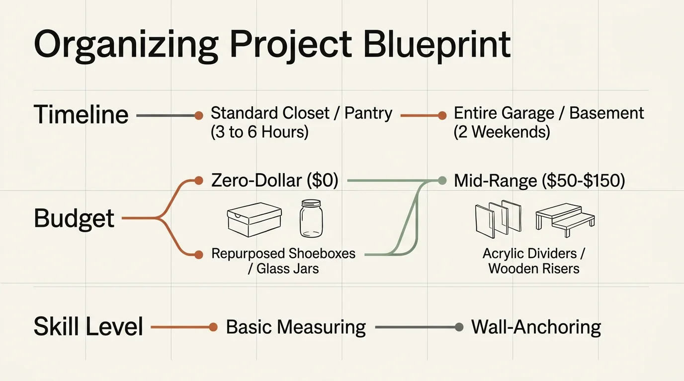 A clean, minimalist horizontal flowchart comparing timelines, zero-dollar and mid-range budgets, and basic skills for home organizing.