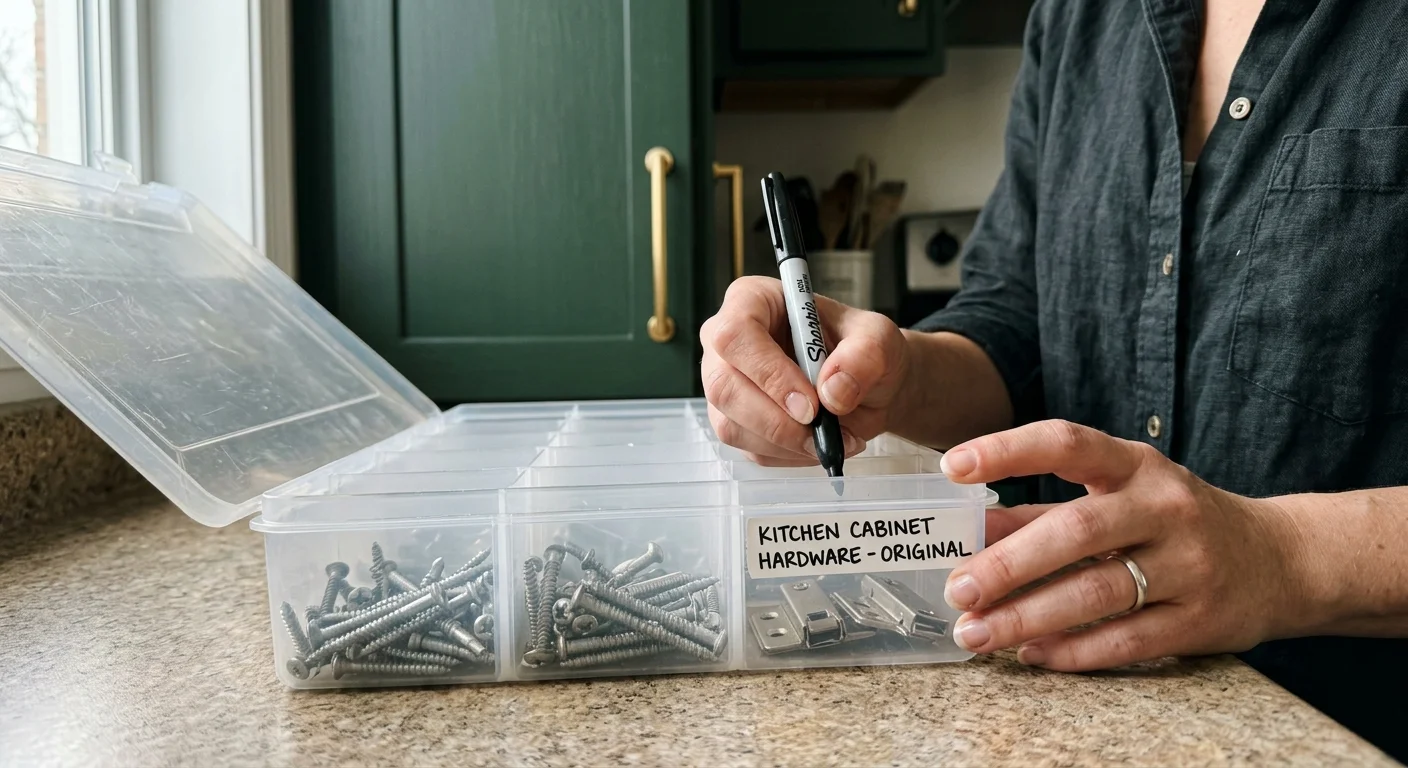 A close-up photo of hands organizing original silver cabinet hardware into a labeled clear plastic bin for safekeeping.