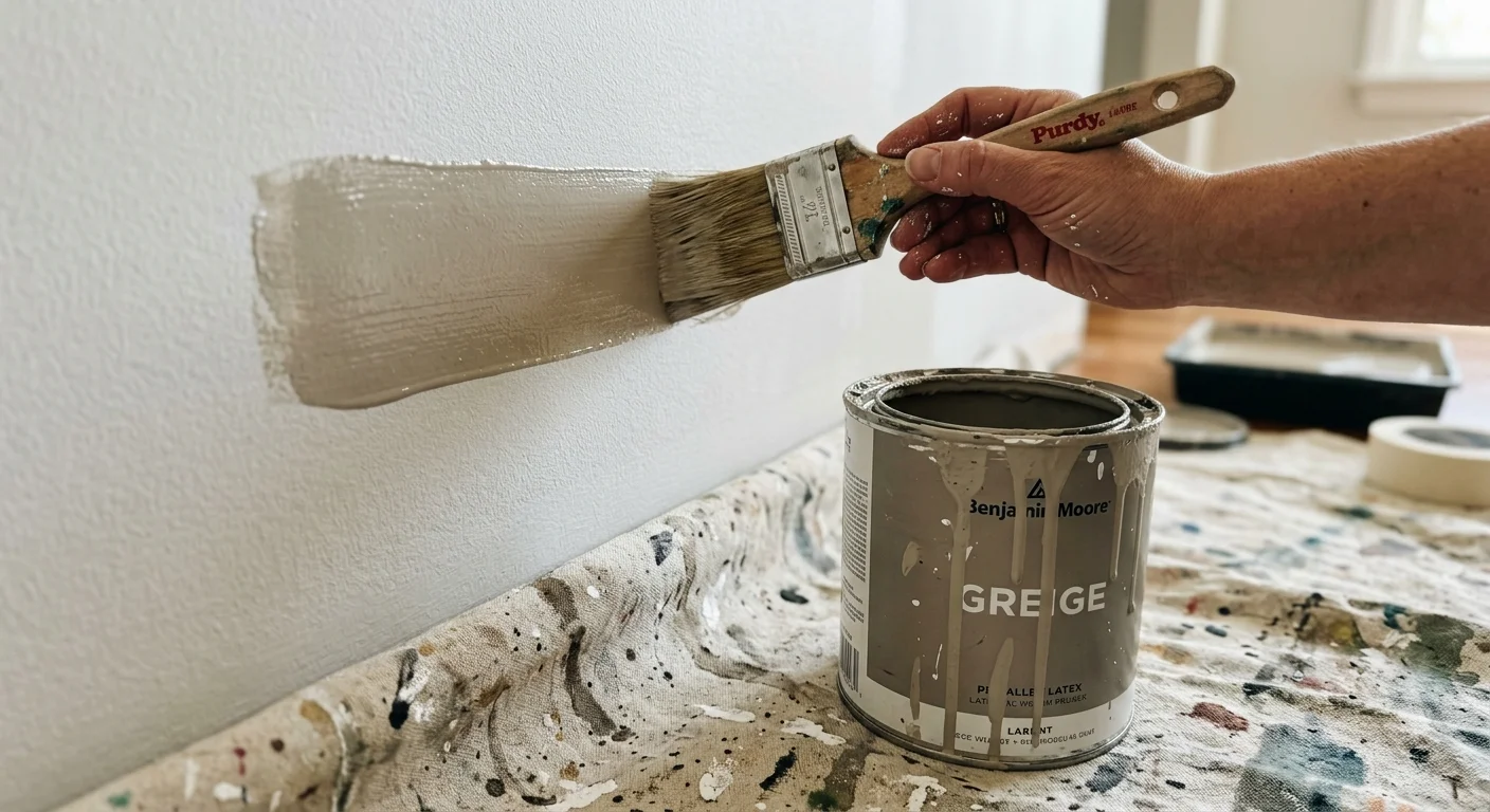 A close-up photograph of a hand using a paintbrush to apply warm greige paint to a wall next to a dripping paint can.