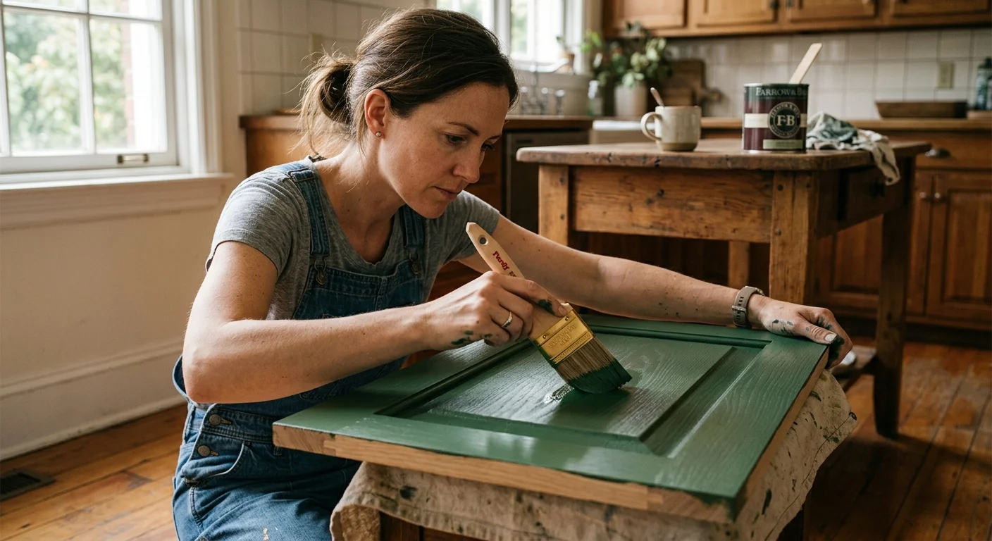 A close-up photograph of a woman painting a wooden cabinet door a rich green color in a sunny home kitchen.