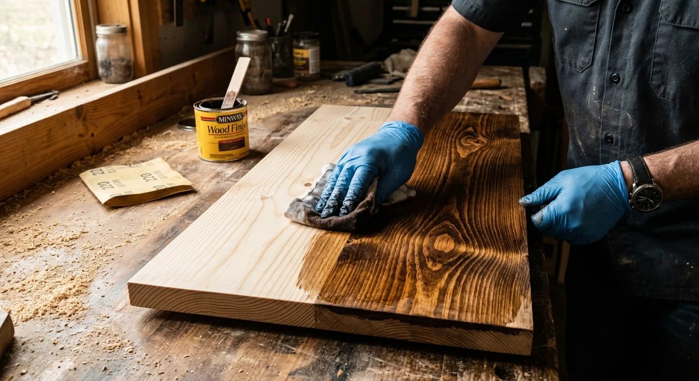 A close-up photograph of hands in blue gloves applying dark wood stain to a pine board with a cloth.