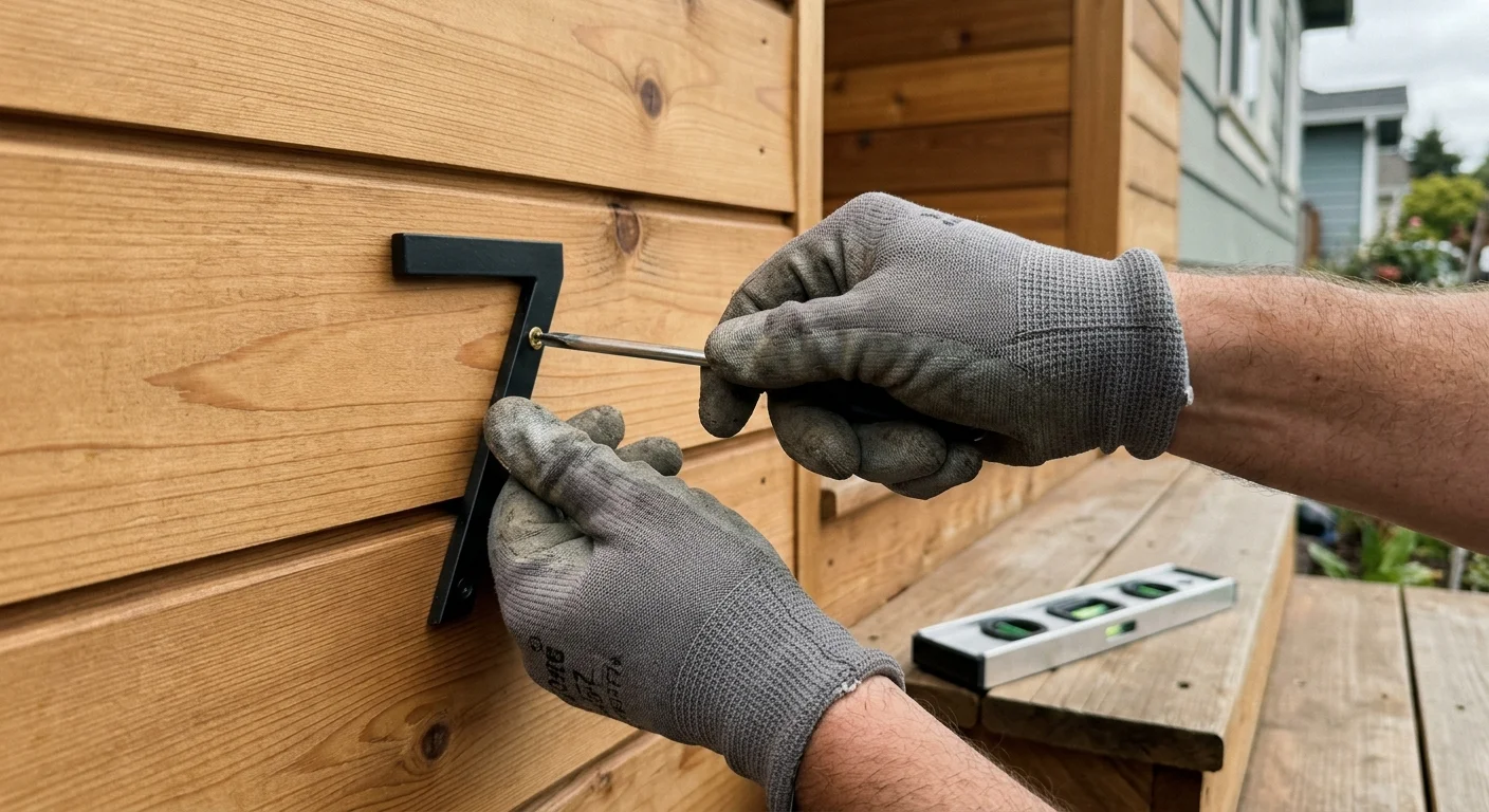 A close-up photograph of hands in work gloves screwing a matte black house number onto a cedar wood plank using a hand tool.