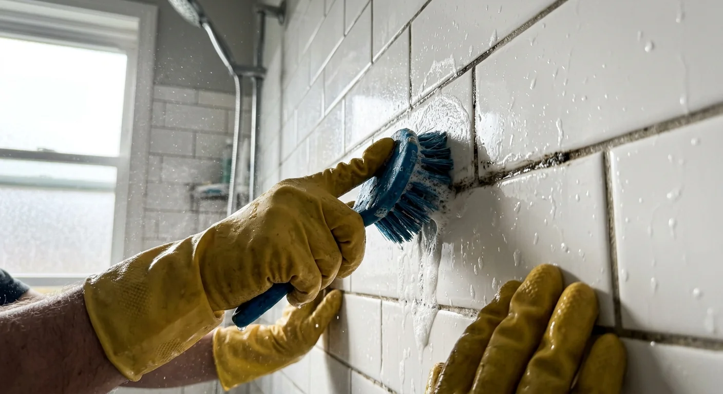 A close-up photograph of hands in yellow rubber gloves scrubbing dark mildew from bathroom tile grout with a stiff brush.
