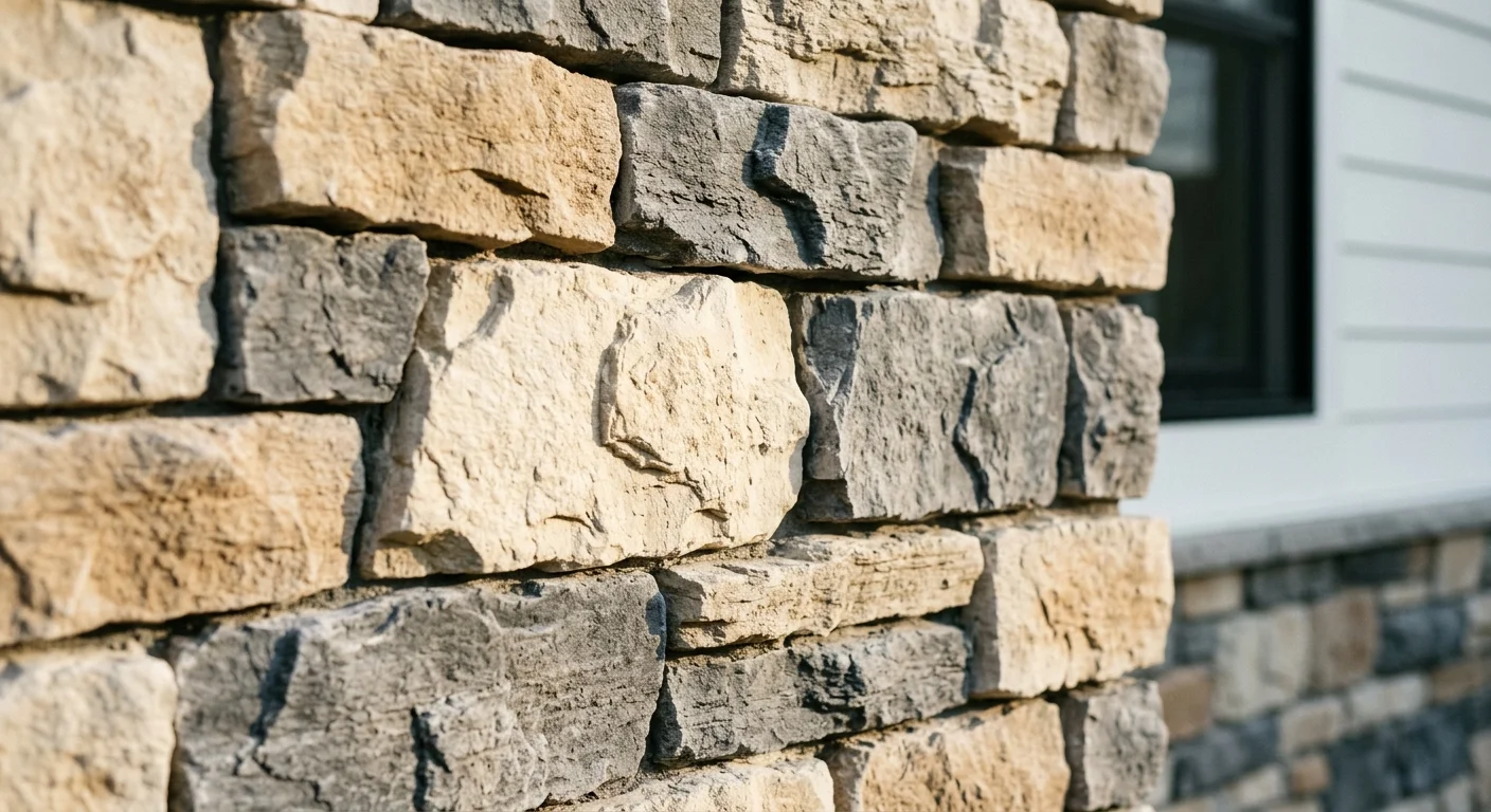 A close-up photograph showcasing the detailed, rugged texture of a manufactured stone veneer wall in warm, raking sunlight.