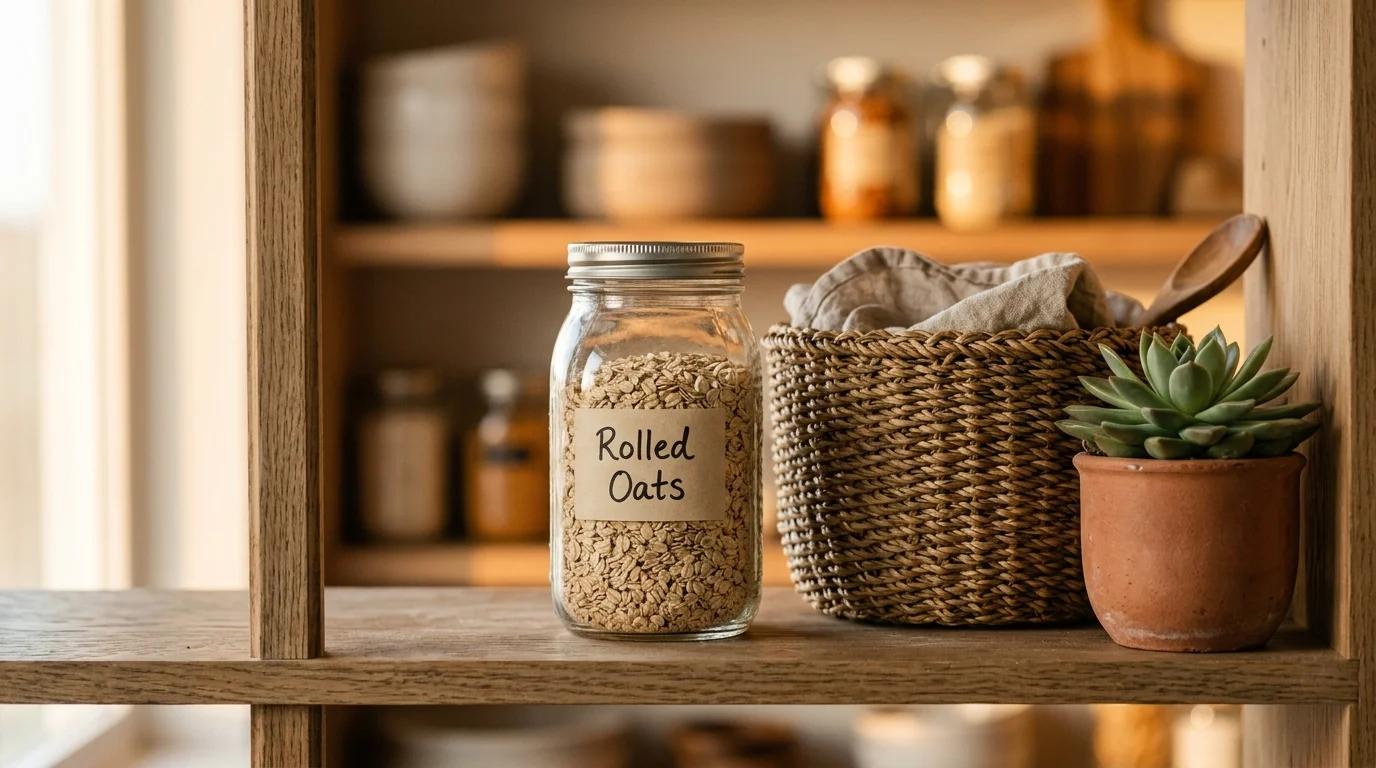 A close-up shot of a labeled glass jar, a woven basket, and a small succulent on a warm wood shelf in golden light.