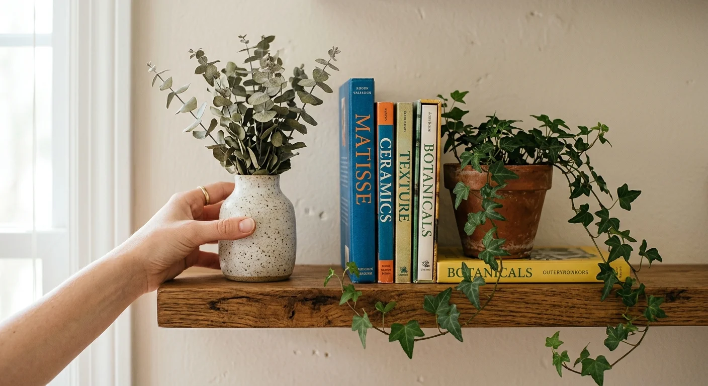 A close-up shot of a person’s hand styling a wooden floating shelf with a ceramic vase, books, and a small potted plant.