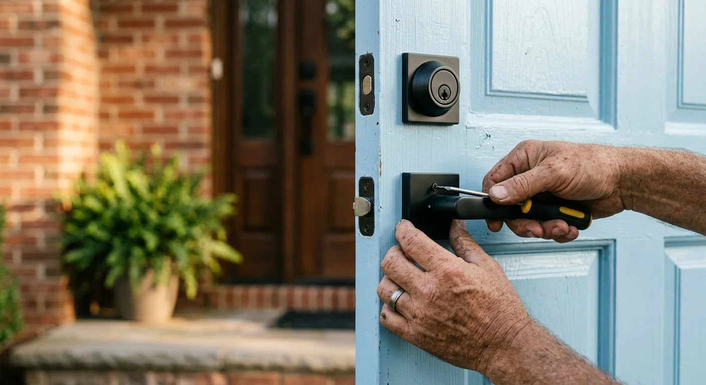 A close-up shot of hands installing a modern matte black handle on a freshly painted light blue front door.