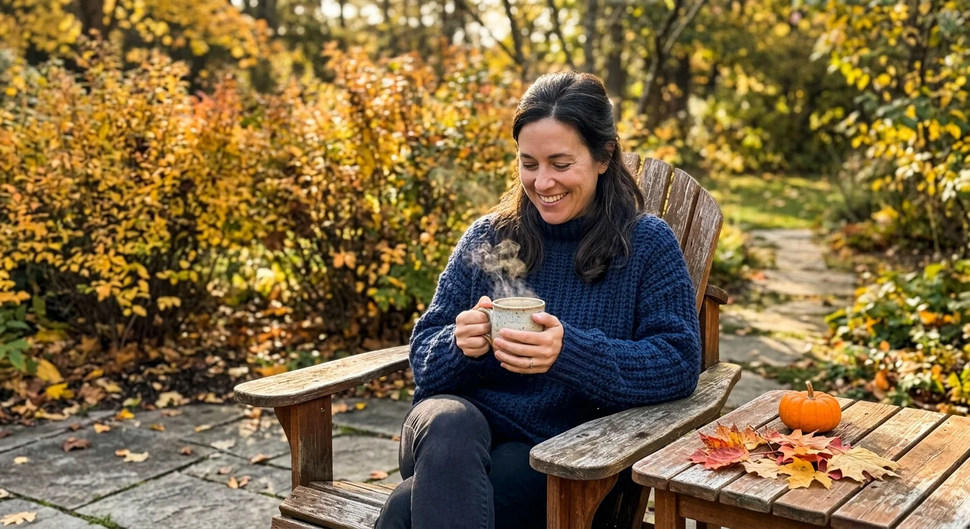 A close-up snapshot of a person in a knit sweater holding a steaming mug in an Adirondack chair next to a miniature pumpkin.