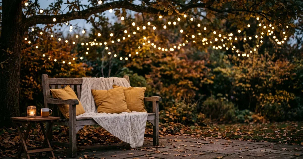 A cozy backyard patio at twilight with string lights glowing above a wooden bench draped with a wool blanket and yellow pillows.