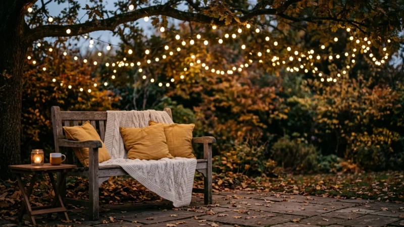 A cozy backyard patio at twilight with string lights glowing above a wooden bench draped with a wool blanket and yellow pillows.