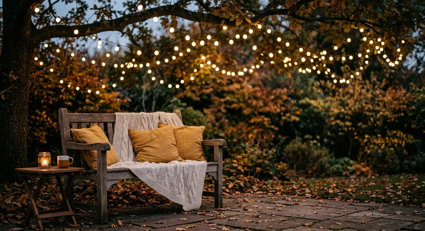 A cozy backyard patio at twilight with string lights glowing above a wooden bench draped with a wool blanket and yellow pillows.